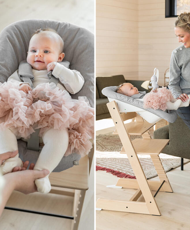 Trona del diseñador escandinavo Peter Opsvik. Una silla cómoda y ergonómica  de madera de haya que crece junto a tu niño desde el nacimiento.